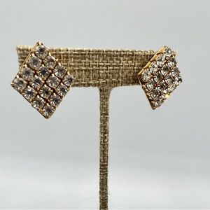 Vintage diamond rhinestone clip on screw back earrings gold tone geometric